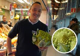 Óliver Porro muesta un romanescu en el Mercado del Val.