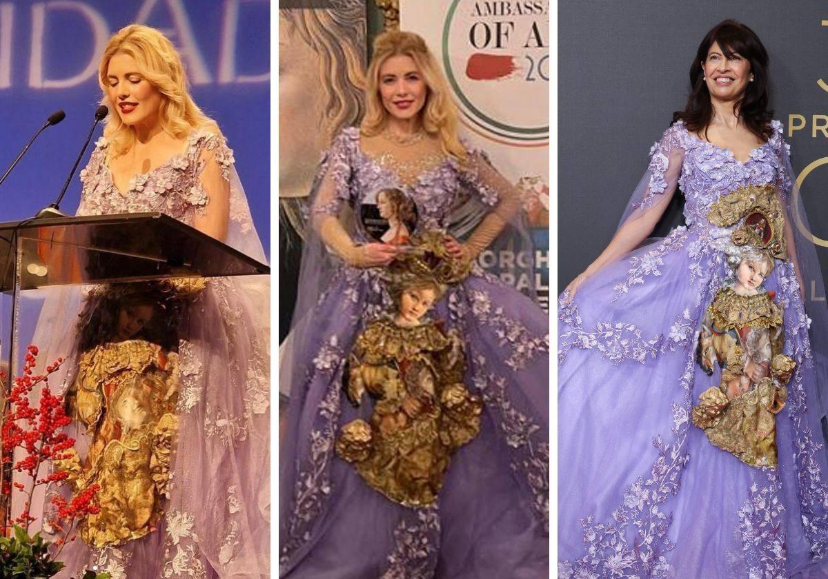 La diseñadora Rosana Largo con el vestido, en Valladolid y en Florencia. La ministra de Igualdad, Ana Redondo, en la alfombra roja de los Premios Goya.