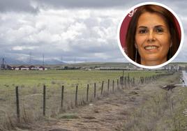 Terrenos en Abades a un lado de la carretera a Martín Miguel con naves al fondo, y en el círculo, la alcadesa del municipio, Magdalena Rodríguez.