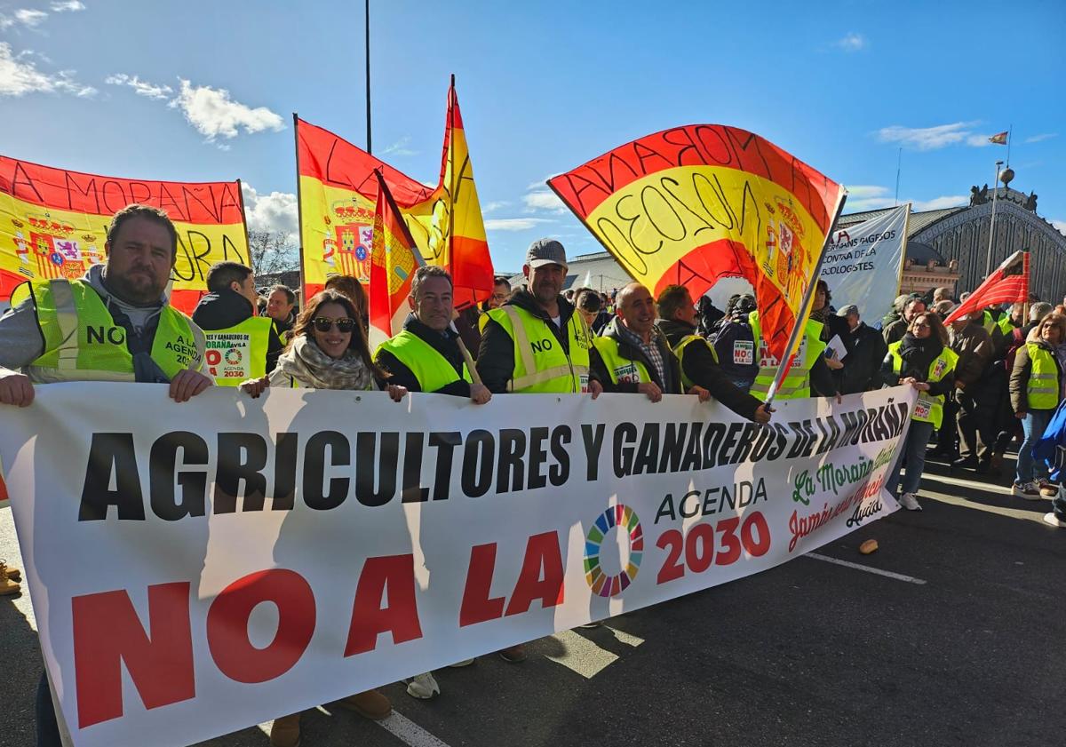 Imagen principal - Pancartas de los agricultores de La Moraña (Ávila), de Peñaflor (Valladolid) y dos agricultores que han dejado cebollas y remolacha ante las puertas del Ministerio.S. C.