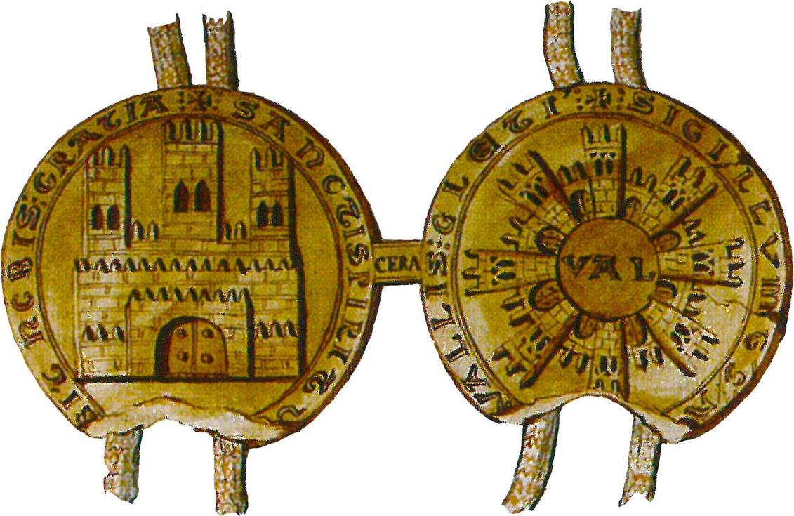 Imagen secundaria 1 - Fachada de la casona correspondiente a la ampliación del palacio de Fabio Nelli. / Sello de la ciudad de Valladolid (1271-1298), representando al Alcázar y la Cerca, procedente de un documento fechado el 26 de julio de 1336. / Lienzo correspondiente a la Cerca Vieja, localizado en el solar colindante con el palacio de Fabio Nelli, donde se ha proyectado la ampliación del Museo de Valladolid (2002).