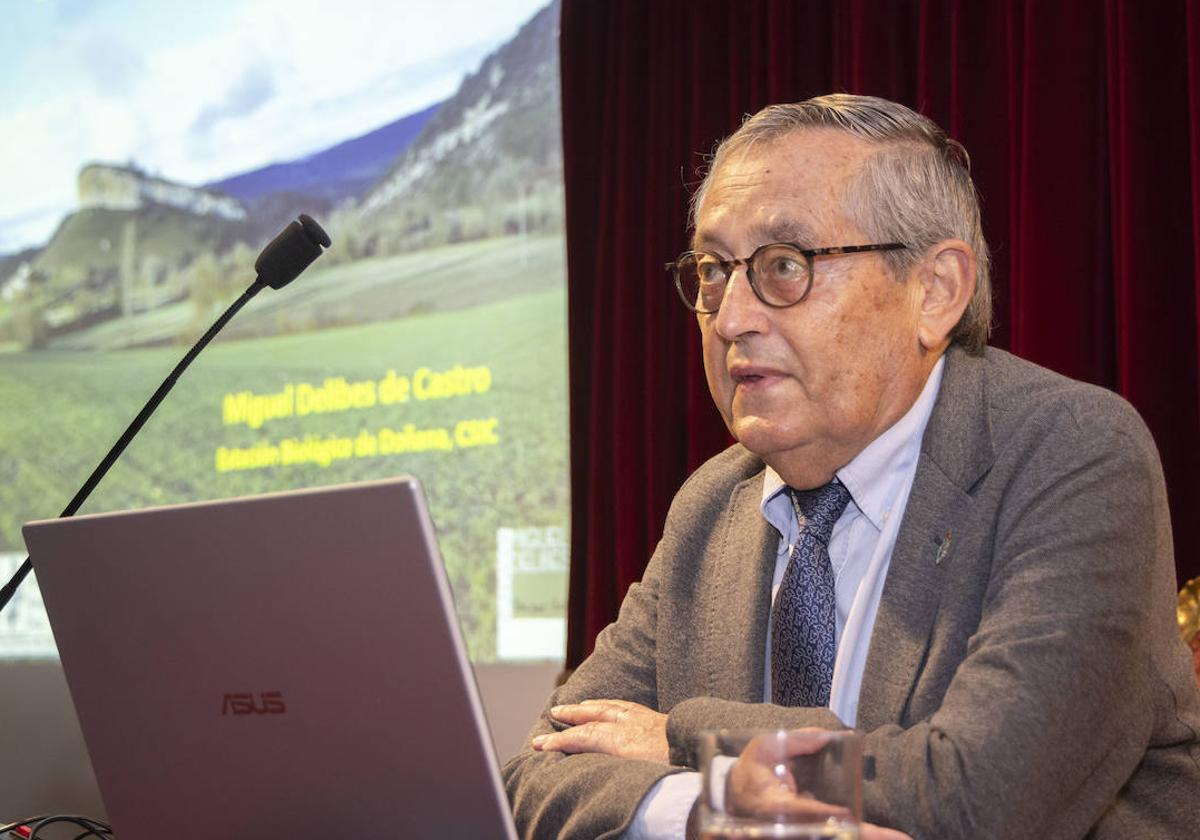 Miguel Delibes de Castro, durante la conferencia en la Academia de Bellas Artes de la Purísima Concepción.