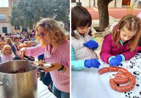 Una mujer reparte costillas de cerdo en la concurrida plaza de Castilla y León de Castrillo. A la derecha, dos niñas ayudan a elaborar chorizos de forma tradicional.