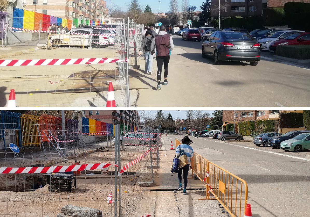 El acceso al colegio Marina Escobar, aún sin vallas a primera hora de la mañana, y (debajo) ya con las vallas colocadas antes de las dos de la tarde.