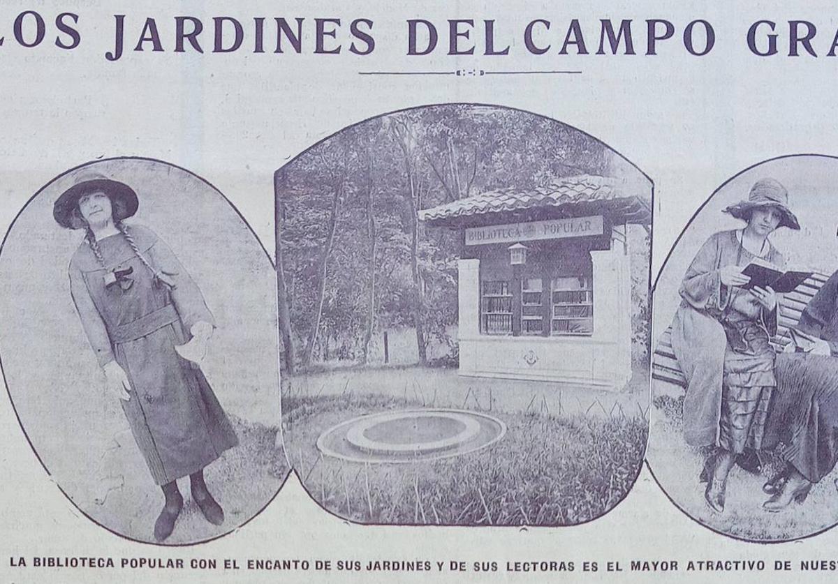 Imagen principal - Anuncio de 1922 en el Diario Regional, estado actual de la biblioteca del Campo Grande de 1922 y panel informativo.