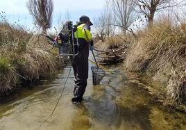 Muestreo realizado por la CHD en un río para analizar el estado de las aguas.