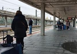 Un grupo de viajeros espera en el andén de la estación del Ave de Segovia un tren procedente de Madrid.