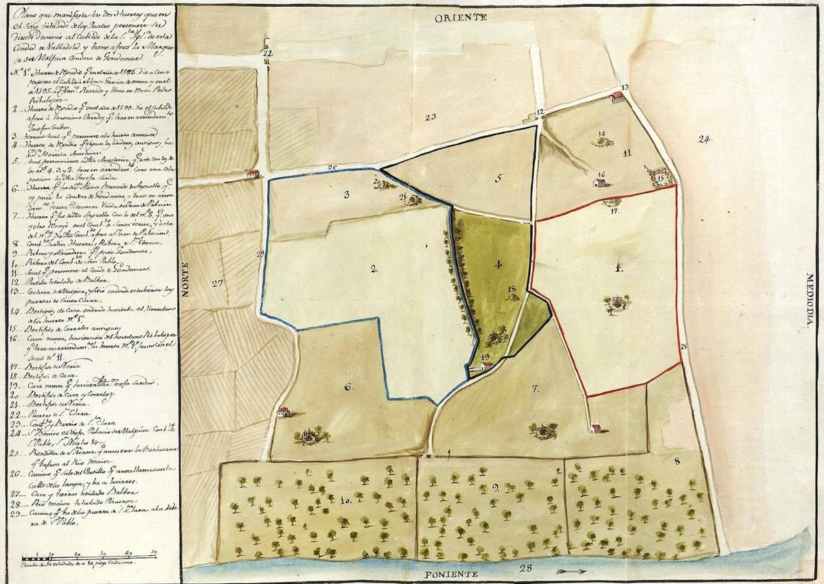 Imagen secundaria 1 - Fotografía aérea de los años 70 siglo XX; plano del año 1801 realizado para la aclaración de un litigio de propiedades, que refleja las huertas y tierras al Norte de la Rondilla de Santa Teresa y La tapia del convento de San Pablo, conservada en la calle de la Pelota.