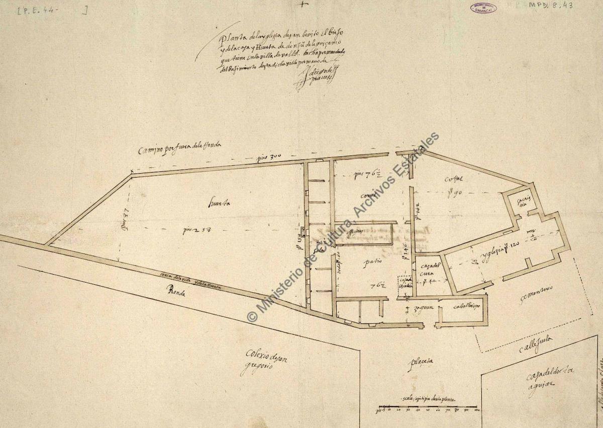 Imagen secundaria 1 - La Casa del Sol/Palacio del Conde Gondomar, en la actualidad; plano realizado por Diego de Praves en 1595 para la casa del Licenciado Leguizamón; Lápida conmemorativa de la inundación del río Pisuerga en el año 1636, colocada en la tapia del convento de Santa Teresa