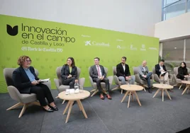 Silvia G. Rojo, presentadora y moderadora del acto; Mónica Díez, directora de Marketing y RRPP Externas de Patatas Meléndez; Carlos Yllera, presidente del CRDO Rueda; Iván Rodríguez, CEO de Mar Adentro y Grupo la Alondra; Pablo Linares, director gerente de Alimentos de Calidad del Bierzo, Eduardo Marcos, socio fundador de Guijuelo Gourmet, y Ana Belén Martín Diana, jefa de Área de Innovación y Optimización de Procesos de Itacyl.