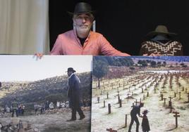 Sergio García posa con dos grandes fotografías de la zona burgalesa del cementerio de Sad Hill que tanto ha ayudado a reconstruir y promocionar.