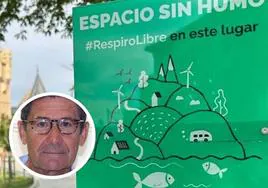 En el círculo, el presidente de la AECC en Segovia, Juan Vicente Cuesta, sobre el cartel de espacio sin humo en el Alcázar.