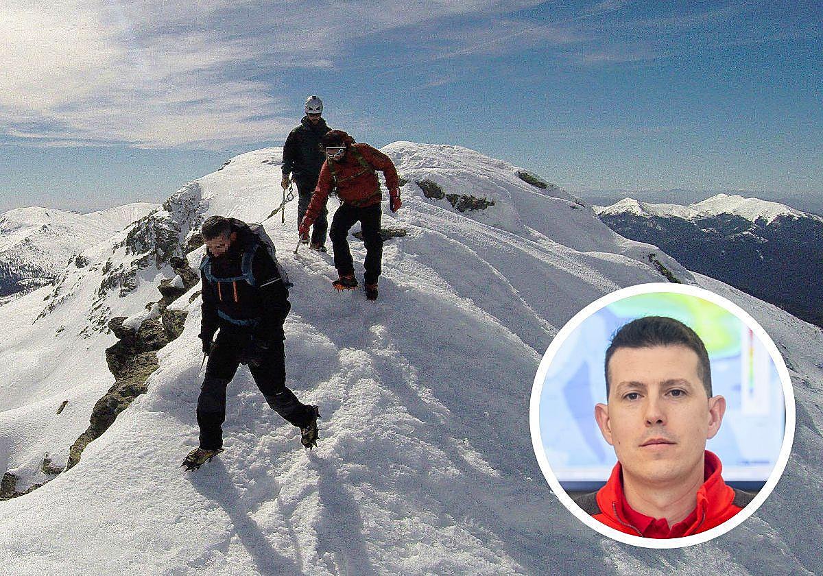 En grande, montañeros en el Risco de los Claveles. En pequeño, Mariano Blanco.