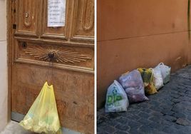 Residuos apilados en una puerta y una pared de la calle de la Judería Vieja.