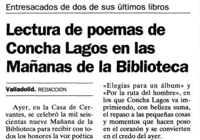 Noticia de la lectura de poemas de Concha Lagos.