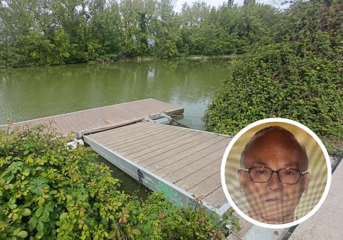 Embarcadero de piragüistas en el río Carrión a su paso por Palencia e imagen de Ursicinio García en el círculo.