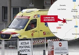 Ambulancia en Urgencias del Hospital y sobreimpresionado el lugar del accidente mortal, en la N-110, cerca de Siguero.