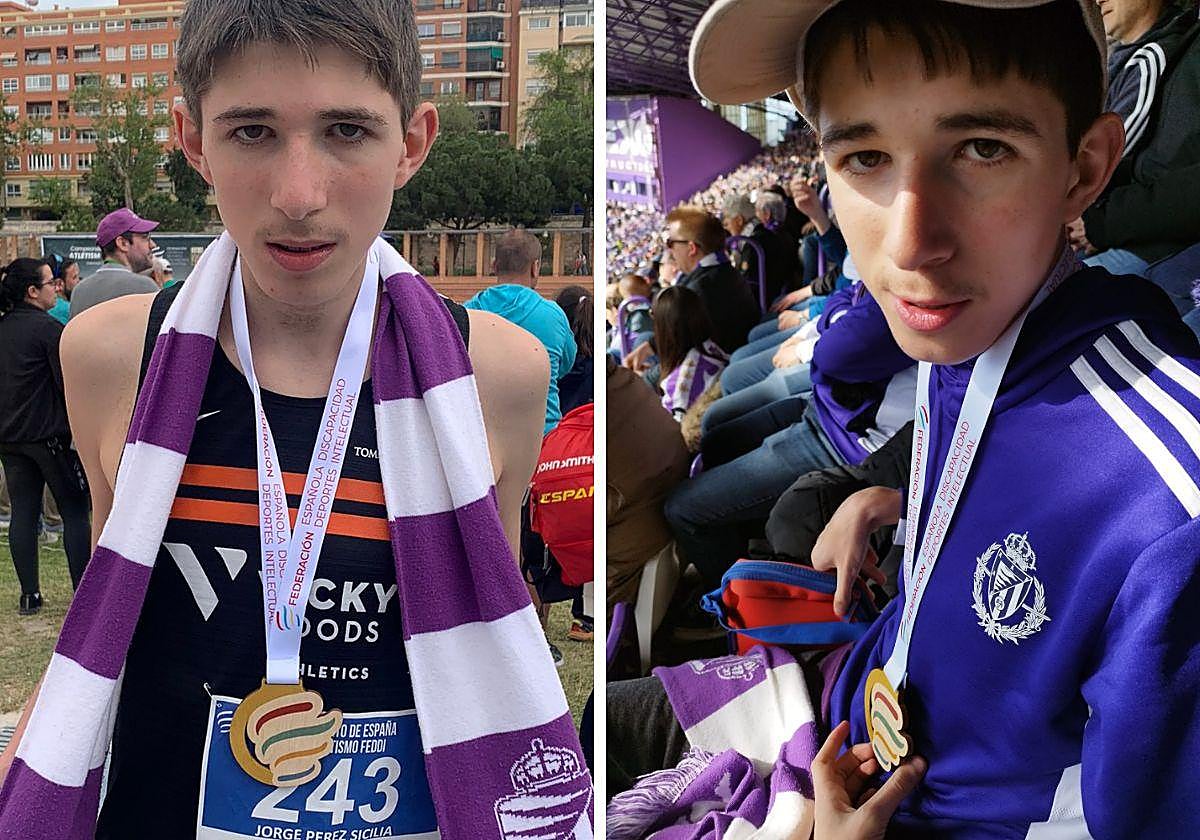 Jorge Pérez, con su medalla de campeón de España de 400, y en la grada de Zorrilla.
