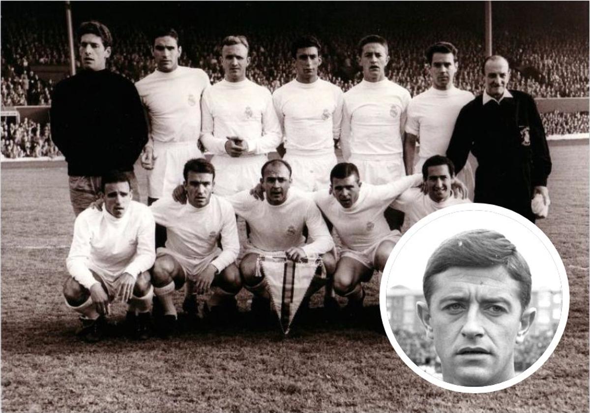 Formación del Real Madrid, campeón de Europa en 1959. De pie; Domínguez, Marquitos, Santamaría, Pachin, Vidal, Zarraga y Legido (masajista). Agachados: Canario, Del Sol, Di Stéfano, Puskas y Gento.