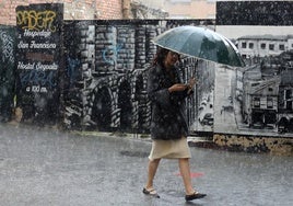 Una mujer se protege de la lluvia y el granizo con un paraguas, en la calle San Francisco.