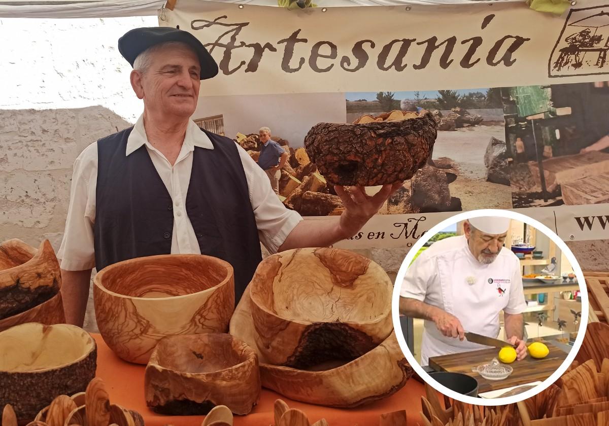 Jesús Orta posa con una de sus creaciones. En el círculo, Karlos Arguiñano utilizando la tabla en su programa de Antena 3.