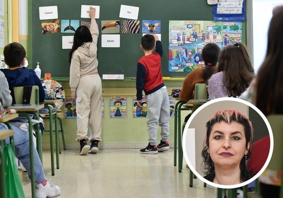 Imagen del interior de un aula y, en detalle, Bea Hernández, miembra de Acylac.