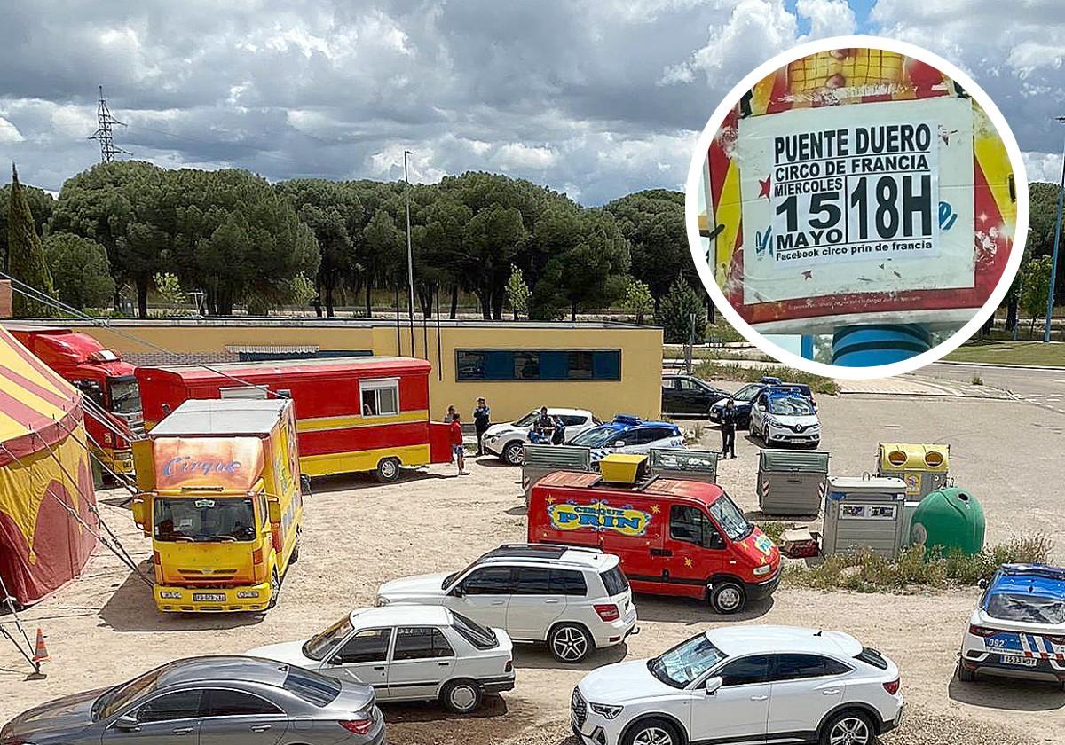 Las patrullas de la Policía Municipal durante su intervención este miércoles en Puente Duero. En el círculo, un cartel colocado en el poste de una farola anunciando el espectáculo.