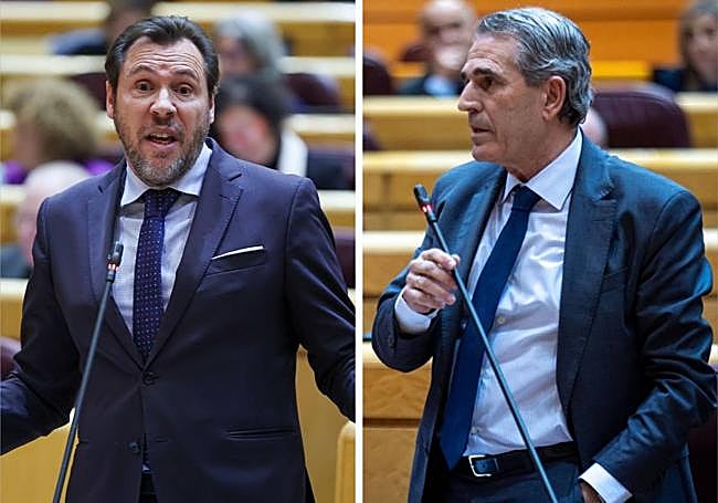 El ministro socialista Óscar Puente y el senador del PP Juan José Sanz Vitorio, en el hemiciclo de la Cámara Alta.