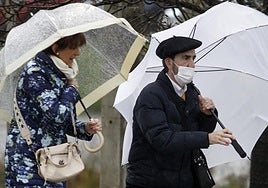 Dos transeúntes se protegen bajo sus paraguas de la lluvia en Segovia.