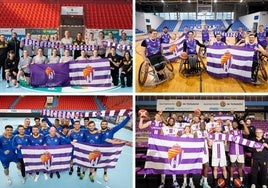 Las plantillas del Aula Cultural, BSR Valladolid, Atlético Valladolid y Real Valladolid Baloncesto, con banderas y bufandas de los blanquivioleta.