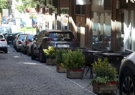 Maceteros colocados para acotar la zona de terraza en aparcamientos instalada por un bar en la calle Los Arroyos.