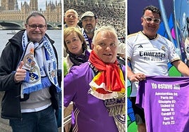 Desde la izquierda, Luis Sebastián hace el sñimbolo de 'OK' junto al Támesis; Mario García con sus acompañantes en el estadio, y Fernando de Frutos jen la 'fan zone' de la final.