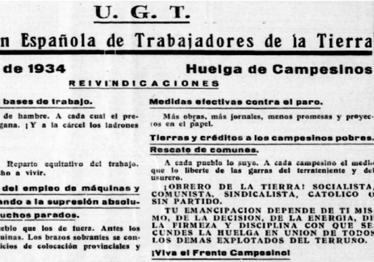 Imagen principal - Arriba, hojas de UGT llamando a la huelga de junio de 1934. Abajo, familia de campesinos de Valladolid y Nava del Rey, donde asesinaron a Lucio Martín, en los años 70.