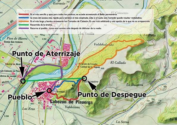 Descripción del recorrido (en verde) de la tirolina.