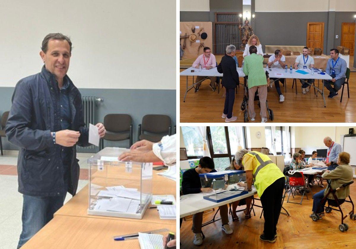 El presidente provincial del PP, Conrado Íscar, ejerce su derecho al voto. A la derecha, mesa electoral instalada en el Ayuntamiento de Medina de Rioseco en medio de una exposición (arriba) y abajo,y en Peñafiel.