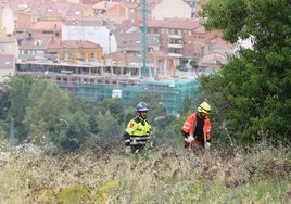 Dos integrantes de los equipos de búsqueda realizan una batida en el entorno del Parador de Segovia.