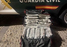 Maleta con los paquetes de marihuana ante un coche de la Benemérita de Segovia.