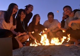 Varios jóvenes se divierten junto al fuego cocinando unas nubes en su hoguera.