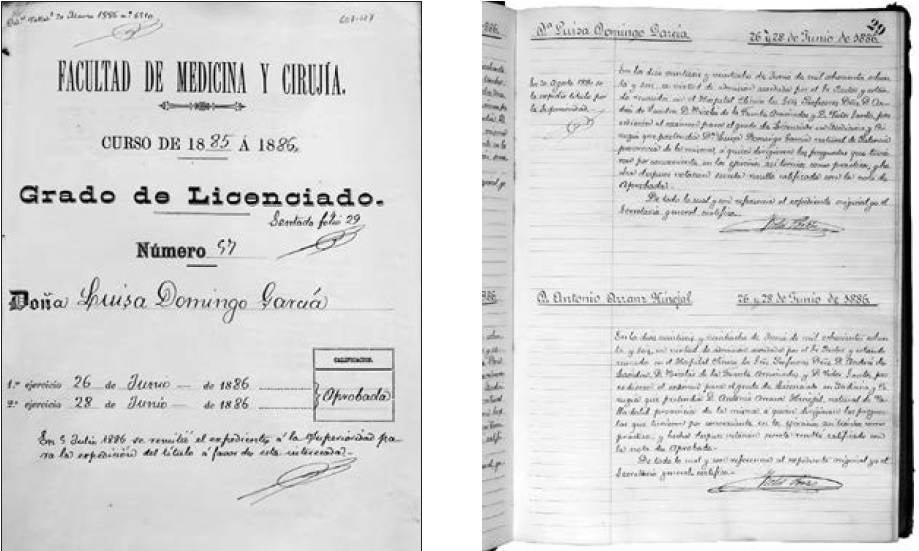 Documentos de la licenciatura de Luisa Domingo García, primera mujer en concluir sus estudios de Medicina en Valladolid, entre 1880 y 1886.