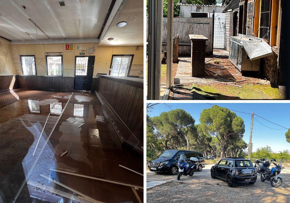 Estado en el que ha quedado el bar Antequera tras los destrozos. Abajo a la derecha, Policía Municipal en el lugar de los hechos.