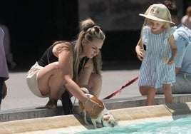 Una mujer ayuda a su mascota a refrescarse en la fuente de la plaza de Zorrilla.