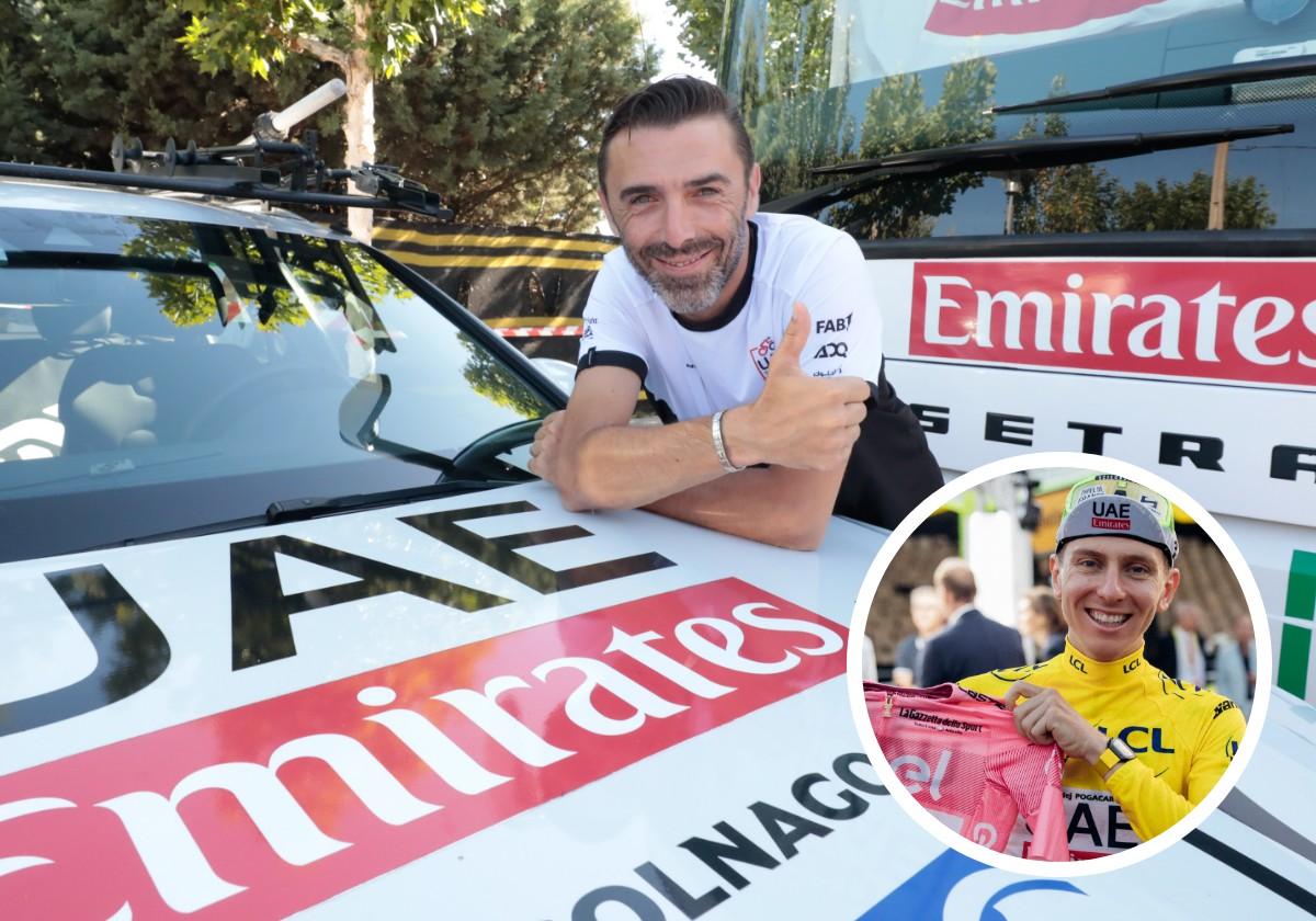 Manuele Mori. En pequeño, Pogacar con los maillots de líder del Giro y del Tour 2024.