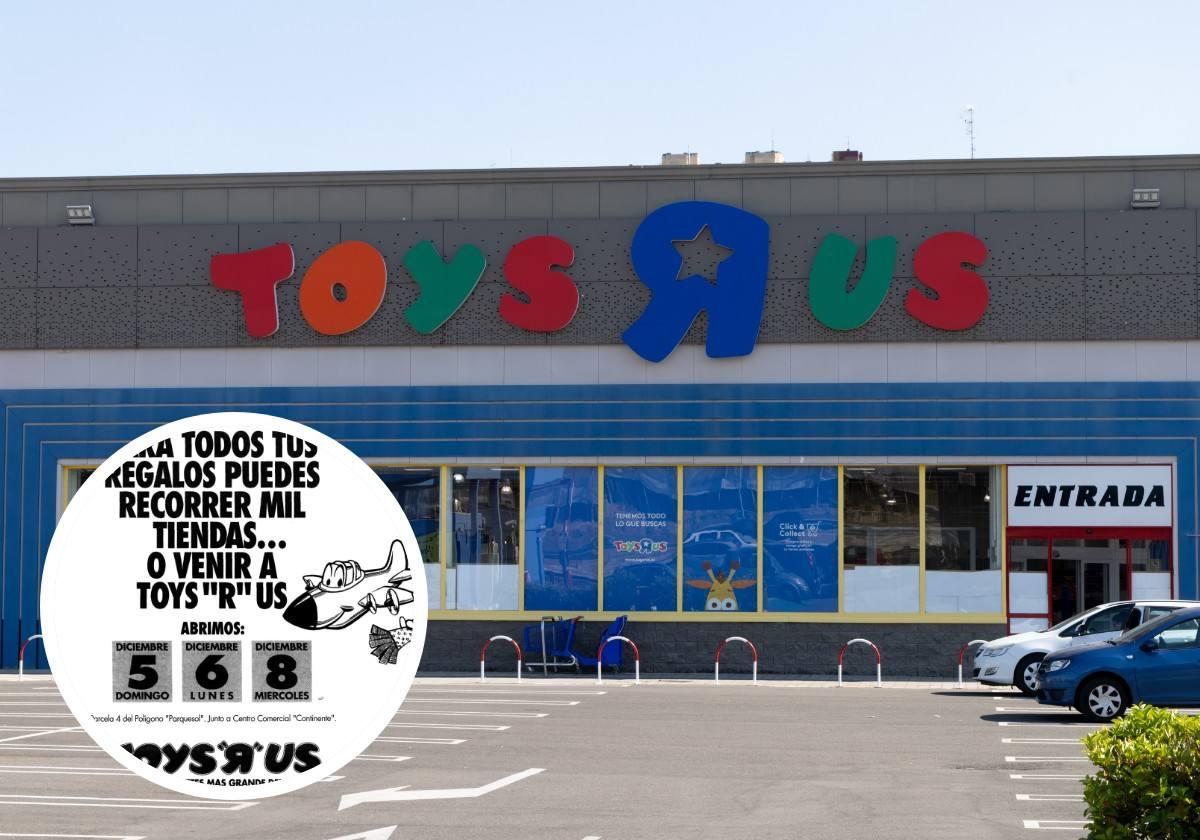 Estado actual del Toys R Us de Parquesol. En el círculo, anuncio de la tienda de juguetes en los 90.