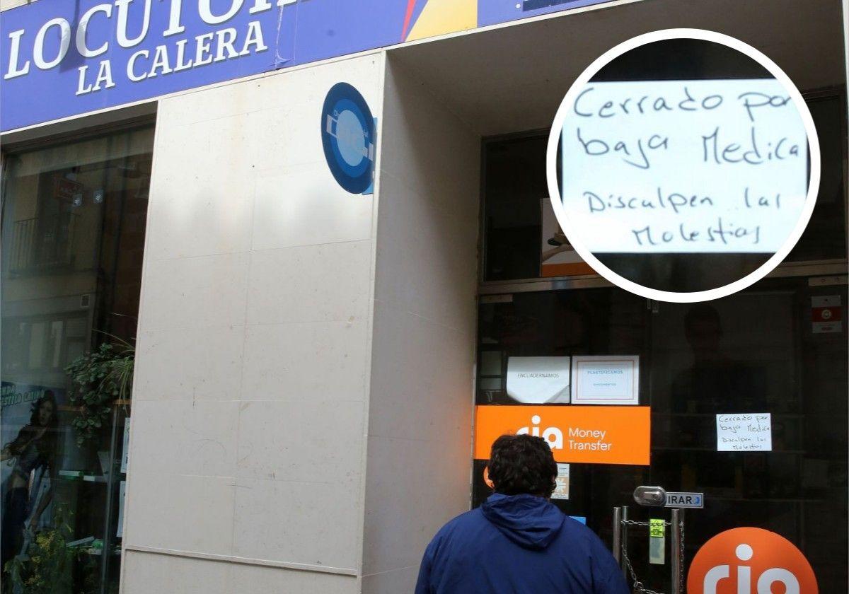 Un hombre se asoma al escaparate del locutorio, y en el círculo el cartel coocado hace varias semanas de «cerrado por baja médica».