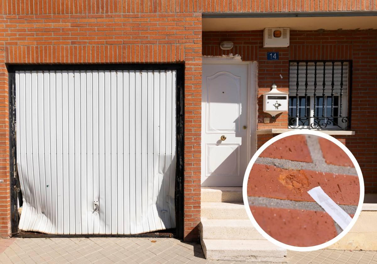 Vivienda acribillada a balazos en la calle Velliza de Geria. En detalle, impacto en la fachada principal.