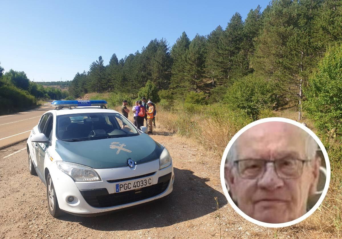 Voluntarios y Guardia Civil, durante la búsqueda. A la derecha, el hombre falllecido.