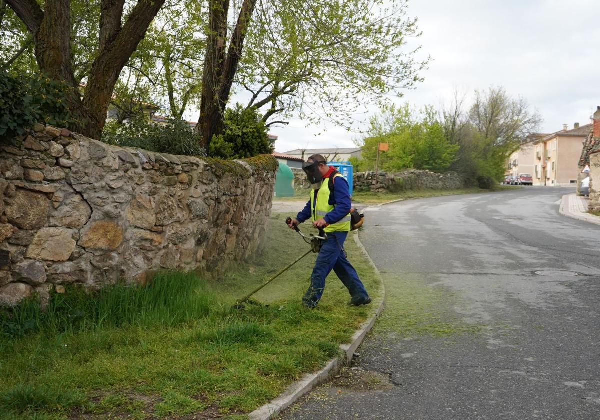 Un jardinero trabaja en un pueblo de la provincia segoviana.