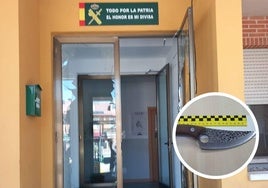 Así ha quedado la puerta del cuartel de Laguna tras el ataque. En detalle, el cuchillo requisado al detenido