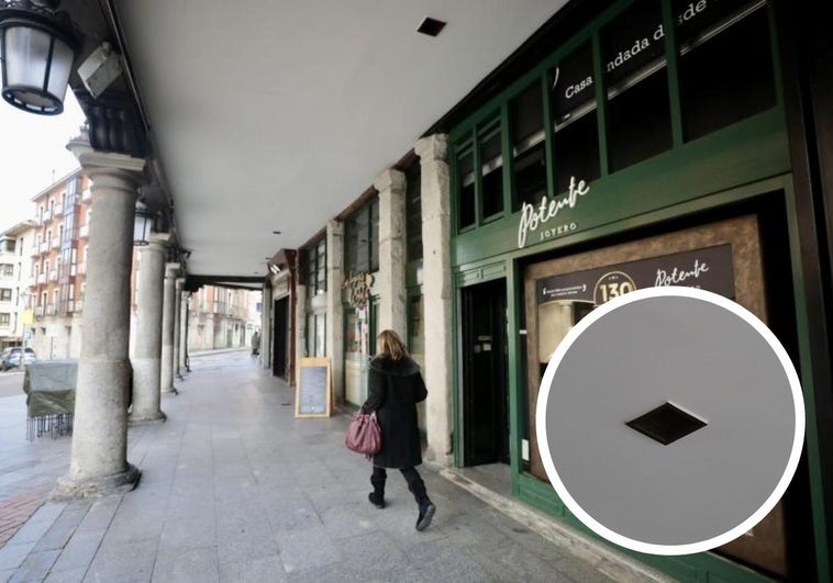 La plaza de Fuente Dorada, y en detalle, las antiguas mirillas de los comercios vallisoletanos.