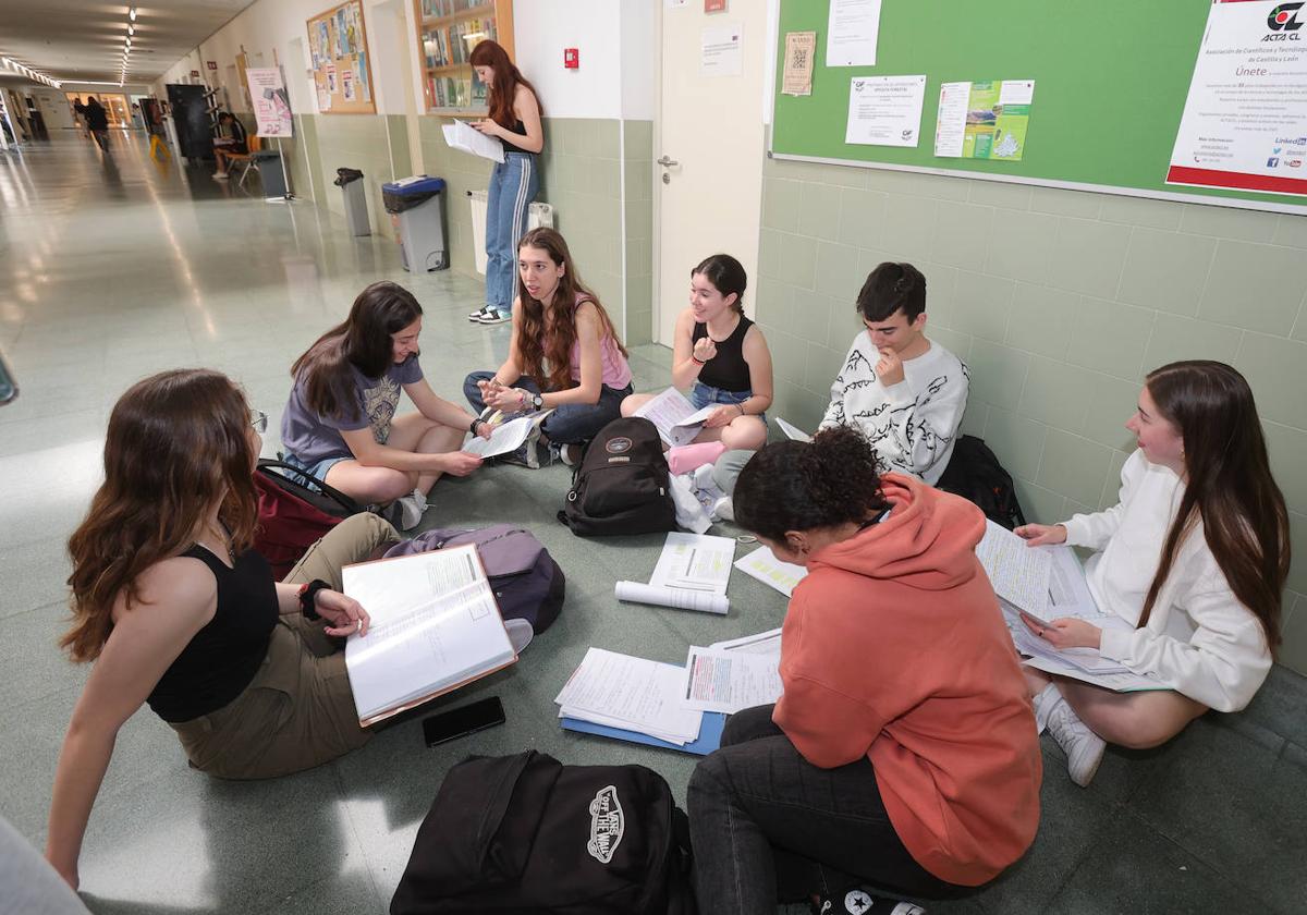 Grupos de estudiantes repasan antes del examen de la EBAU, el pasado mes de junio en La Yutera.